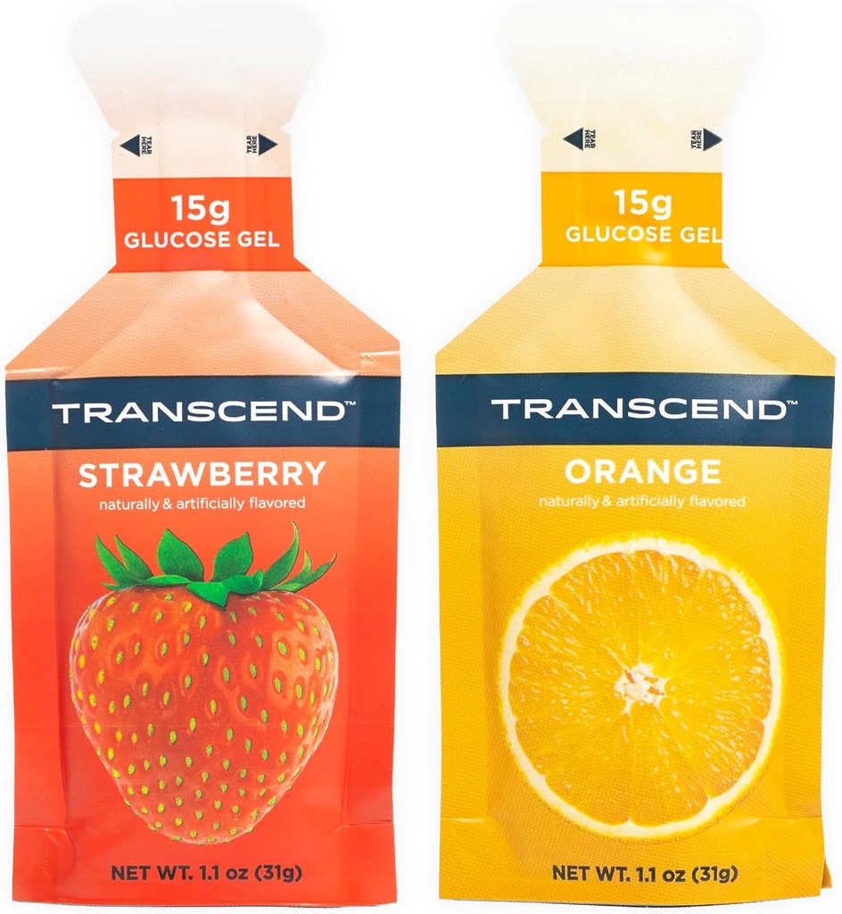 Transcend Foods Strawberry + Orange Gels (1.1 oz, Pack of 24) Fast-Acting Carb Gel Strawberry and Orange Flavor – Caffeine Free, Gluten Free