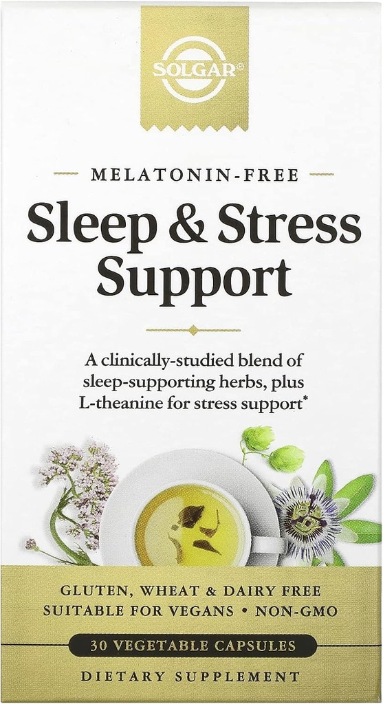 Solgar Sleep & Stress Support, Κάψουλες λαχανικών, Χωρίς μελατονίνη, Helps Relax, Calm You, Fall Asleep Γρήγορα, Βελτιώστε την ποιότητα του ύπνου με βαλεριάνα, passionflower, λυκίσκος, μη ΓΤΟ, 15 εξυπηρετούν, 30 κόμης
