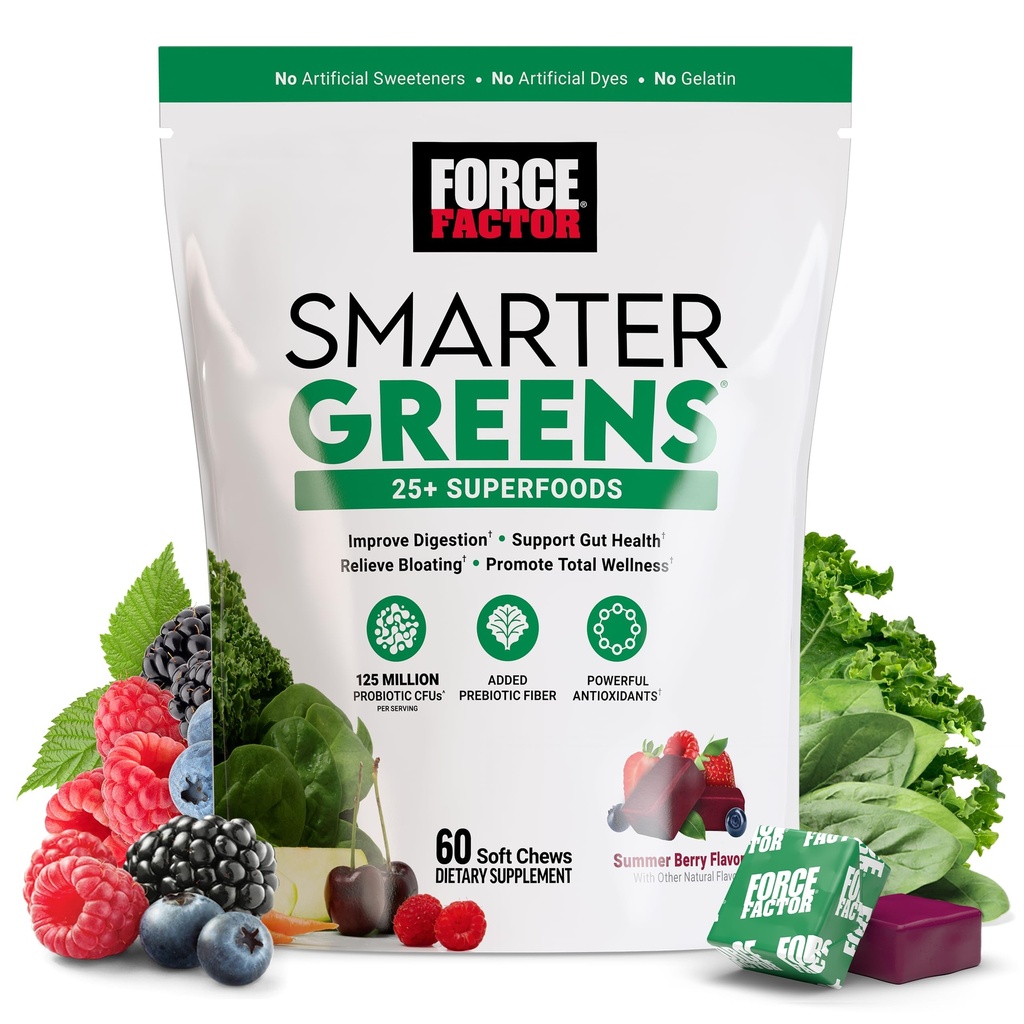 FORCE FACTOR Smarter Greens Superfood Chews, Greens and Superfoods with Probiotics, Antioxidants, and Fiber, Greens Supplement to Support Digestion, Nitric Oxide, and Energy, 60 Μαλακά Chews