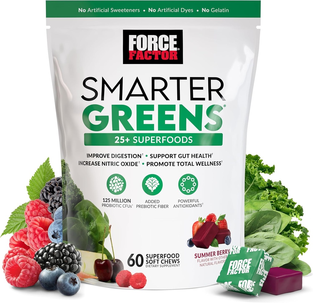 FORCE FACTOR Smarter Greens Superfood Chews, Greens and Superfoods with Probiotics, Antioxidants, and Fiber, Greens Supplement to Support Digestion, Nitric Oxide, and Energy, 60 Soft Chews