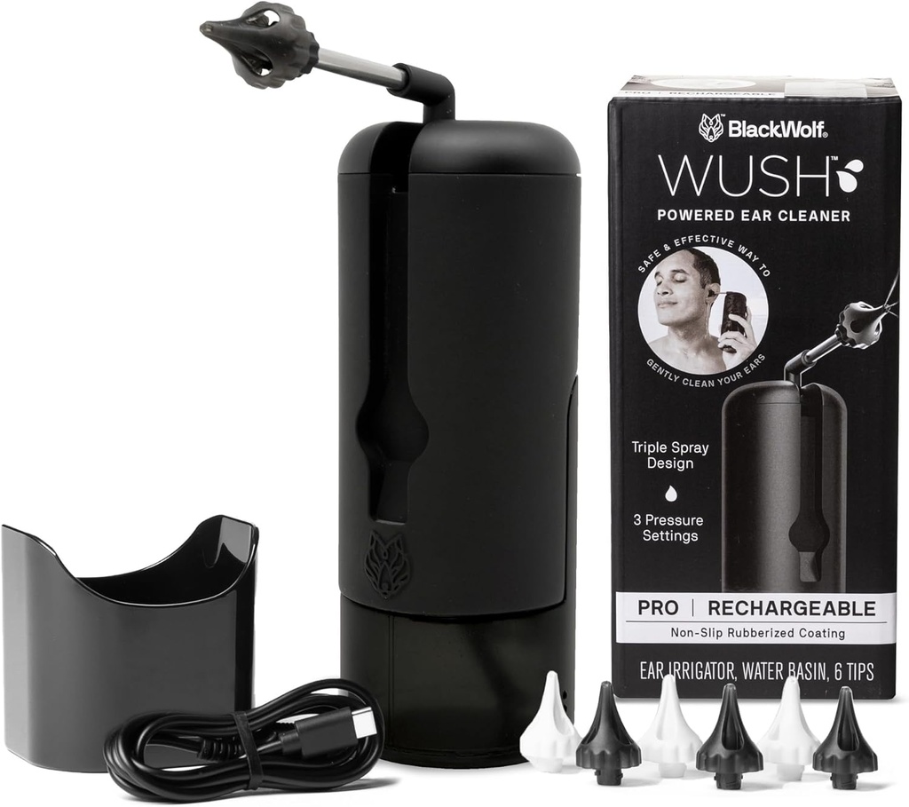 Wush Pro By Black Wolf- Deluxe Water Powered Ear Cleaner- Safe & Rective- Electric Triple Jet Stream 3 Ρυθμίσεις πίεσης για το αυτί Wax Buildup- Ear Wax Απομάκρυνση Κιτ-Αδιάβροχο USB Επαναφορτιζόμενο