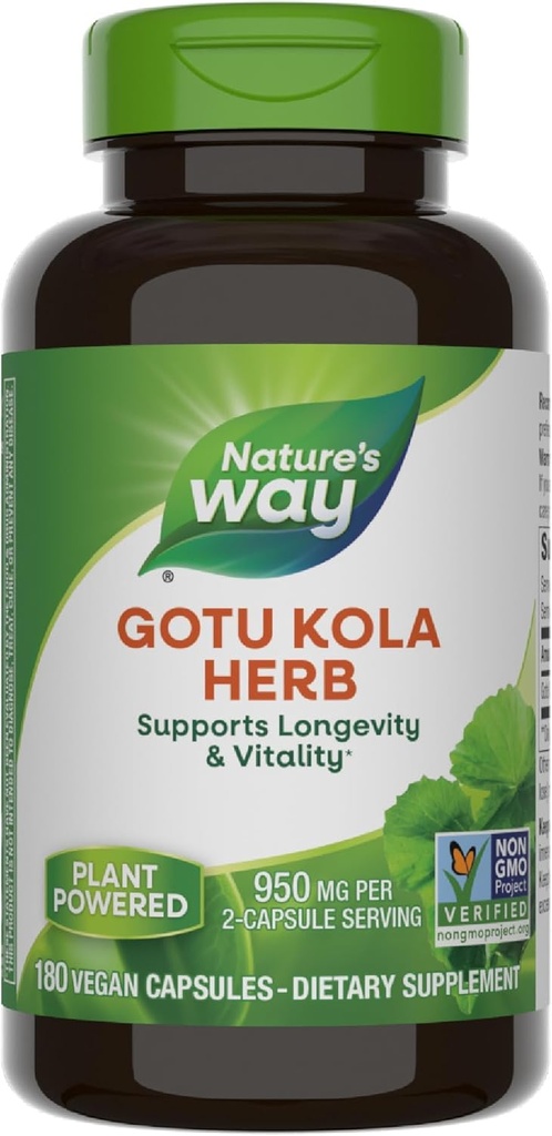 Nature's Way Gotu Kola Herb, Υποστηρίζει τη μακροζωία και τη ζωτικότητα*, 950 mg ανά 2-Capsule Serving, Μη-GMO Project Επαληθευμένο, 180 κάψουλες (Packing May Vary)