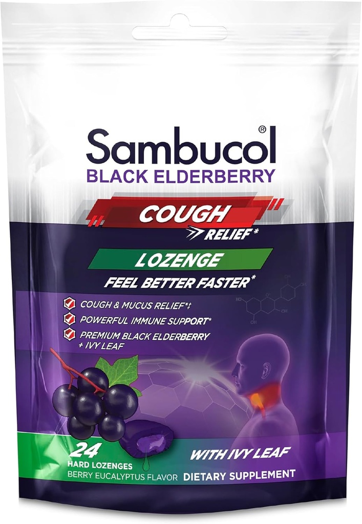 Sambucol Black Elderberry Cough Relief Lozenges - Σταγόνες για Ενήλικες, Sambucus Elderberry Lozenges, με Ivy Leaf, Cough & Mucus Relief, Ανοσοποιητική Υποστήριξη, Berry Eucalyptus - 24 Count, 3 Pack