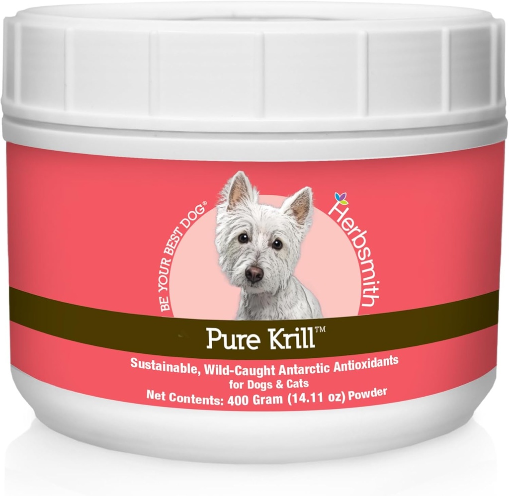 Herbsmith Pure Krill - Wild-Caught Ανταρκτική Krill - Μόνο 1 συστατικό - Ασταξανθίνη για σκύλους - Έτοιμο προς χρήση Ωμέγα 3s – Εναλλακτική για Krill Oil για σκύλους - 400g