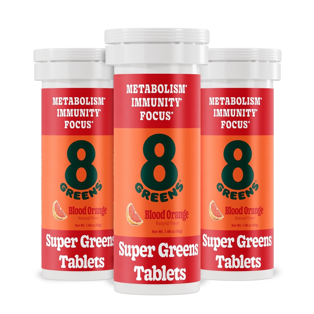 8Greens Supergreens Effervescent Tablets, Blood Orange, 30 Servings | Boosts Metabolism, Immunity & Focus; Contains Aloe vera, spirulina & chlorella; Vitamins C, B6, B12 & folate; Doctor-Backed
