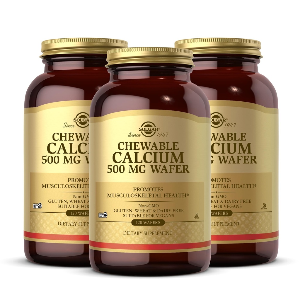 Solgar Chewable Calcium 500 mg - 120 Wafers, Συσκευασία των 3 - Προάγει τη μυοσκελετική υγεία - Μη ΓΤΟ, Vegan, Γλουτένη, σιτάρι & γαλακτοκομικά, Kosher - 180 Σύνολο Σερβίρει