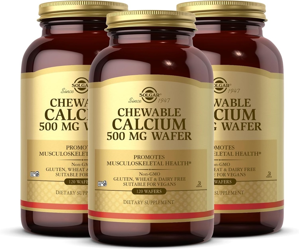 Solgar Chewable Calcium 500 mg - 120 Wafers, Συσκευασία των 3 - Προάγει τη μυοσκελετική υγεία - Μη ΓΤΟ, Vegan, Γλουτένη, σιτάρι & γαλακτοκομικά, Kosher - 180 Σύνολο Σερβίρει