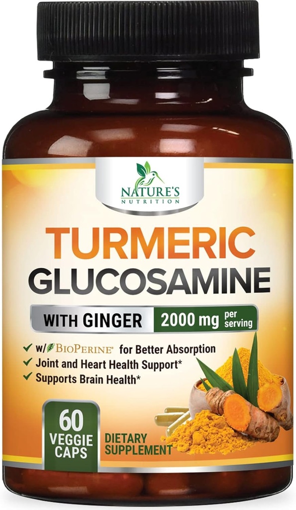 Turmeric Curcumin Supplement 2000mg - 95% Κουρκουμινοειδή με Γλυκοσαμίνη, Ginger & MSM, BioPerine Μαύρο Πιπέρι για Καλύτερη Απορρόφηση, Vegan Κοινή Υποστήριξη της Φύσης, Μη ΓΤΟ, Εμφιαλωμένο στις ΗΠΑ - 60 Κάψουλες