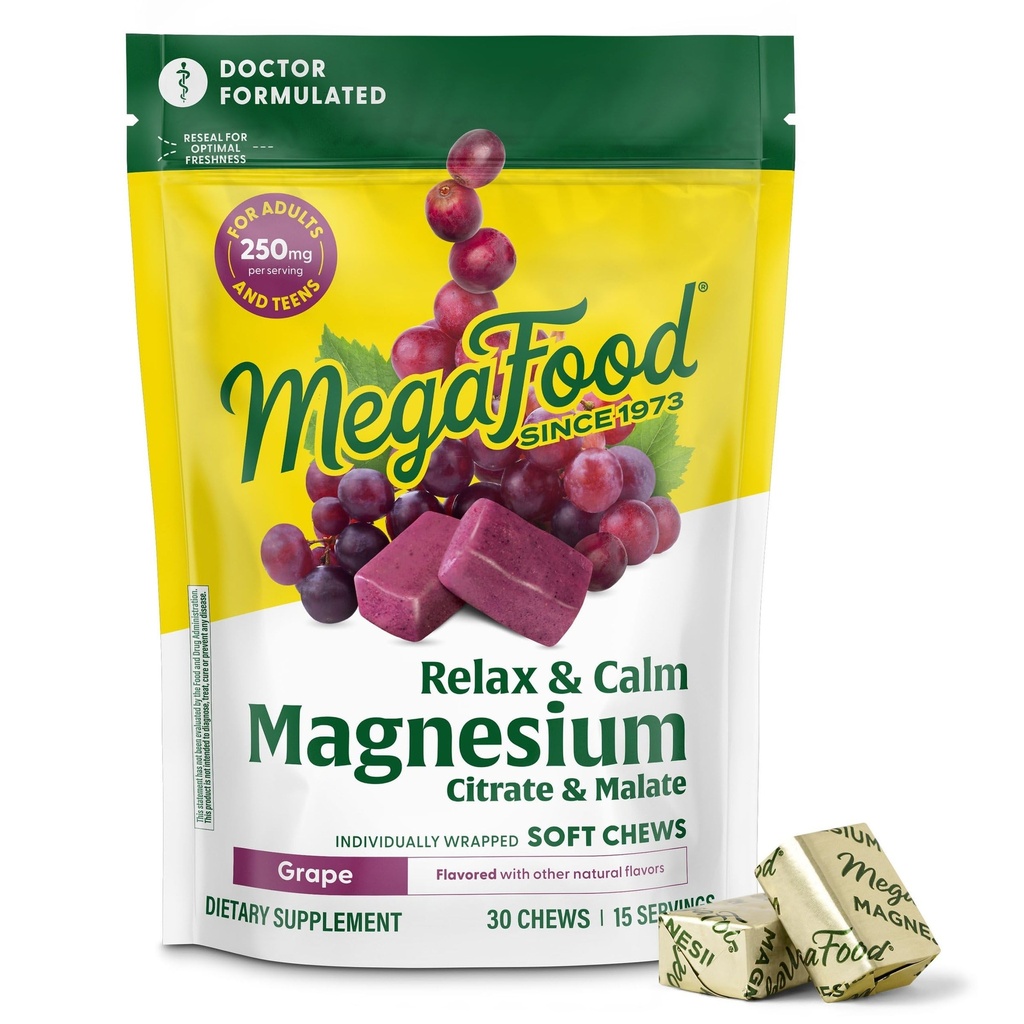 MegaFood Relax + Calm Magnesium Supplement - Μαλακά μάσημα με Μαγνήσιο Κιτρικό & Κακό για την Υγεία της Καρδιάς, τη Μυική Ένταση & Περισσότερα - Χορτοφαγικά - Σταφυλόχορτο - 30 Μασούρια (15 Σερβιέτες)