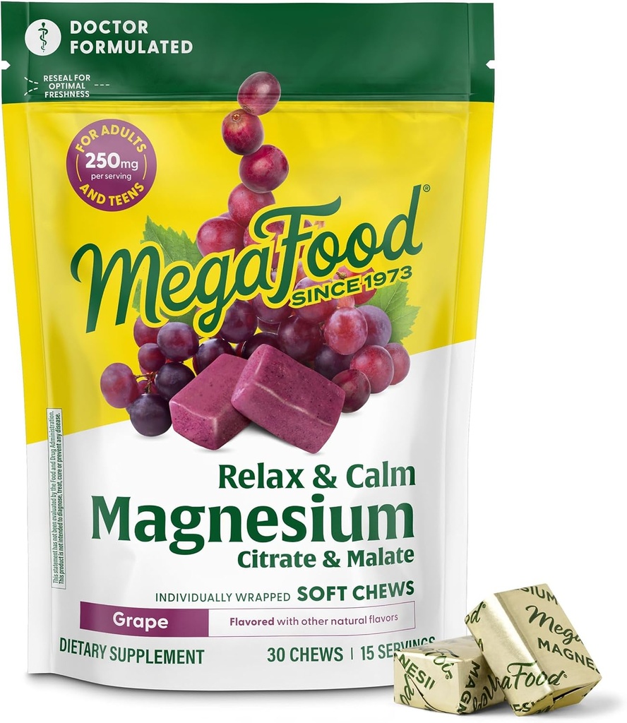 MegaFood Relax + Calm Magnesium Supplement - Μαλακά μάσημα με Μαγνήσιο Κιτρικό & Κακό για την Υγεία της Καρδιάς, τη Μυική Ένταση & Περισσότερα - Χορτοφαγικά - Σταφυλόχορτο - 30 Μασούρια (15 Σερβιέτες)