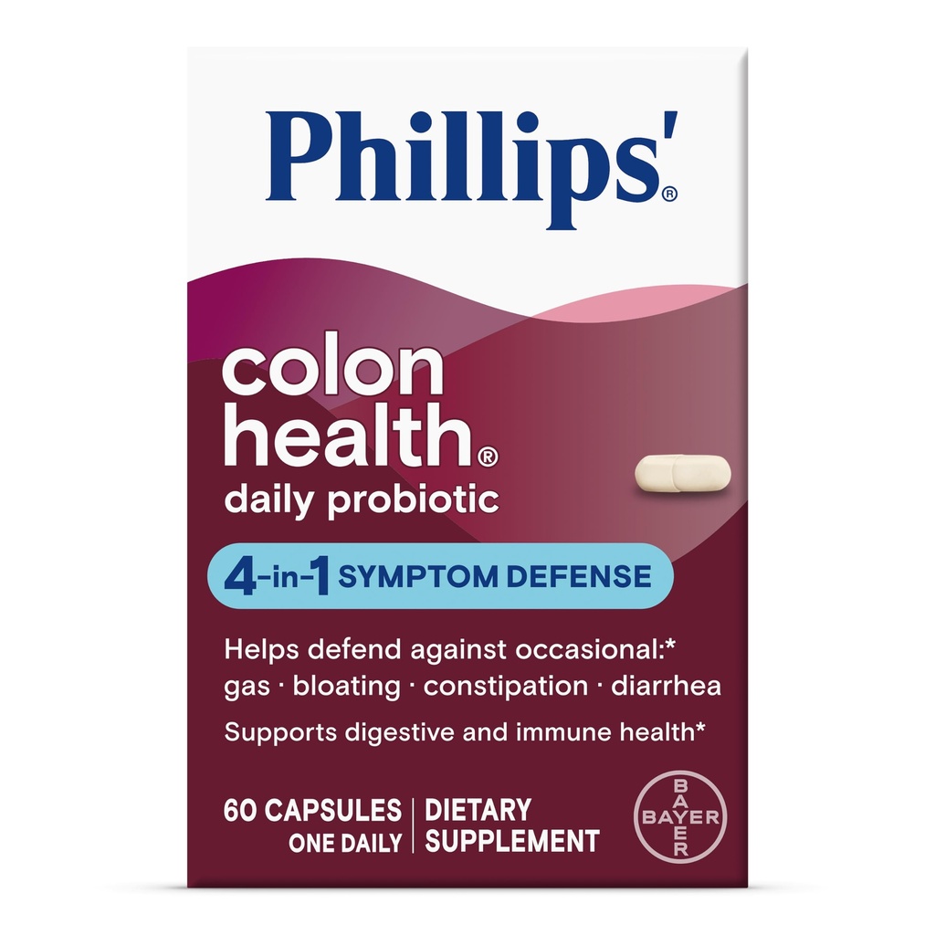 Υγεία του παχέος εντέρου Phillips' Daily Probiotic Κάψουλες, 4-σε-1 Άμυνα Συμπτωμάτων για να βοηθήσει στην άμυνα ενάντια Occasional Gas, Bloating, δυσκοιλιότητα, και Diarrhea, ημερήσιο συμπλήρωμα, 60 Count