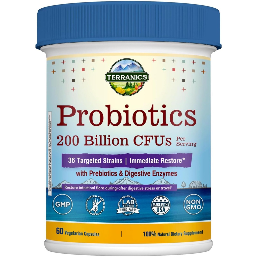 Terranics Daily Probiotics for Men & Women, 200 Billion 36 Strains Άμεση επαναφορά των προβιοτικών, με προβιοτικά & ένζυμα, Υγιεινή κανονικότητα, Καθυστερημένη απελευθέρωση, Ράφι σταθερό, 60 Veggie Caps