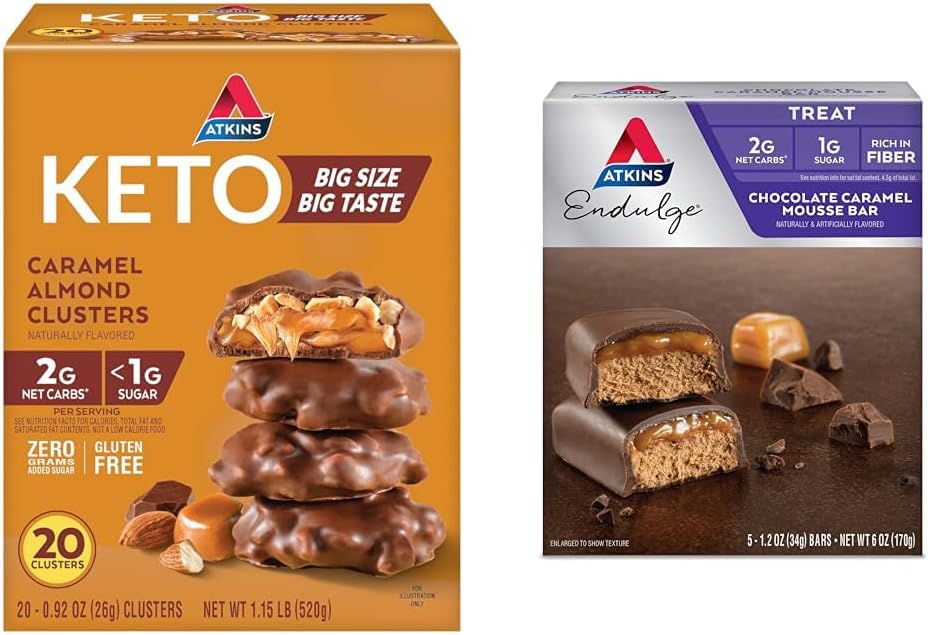 Atkins Caramel Αμύγδαλα Σμήνη, Χωρίς γλουτένη, Υψηλή σε Ίνες, 1g Ζάχαρη, 2g Net Carb, Keto Friendly, 20 Count & Endulge Σοκολάτα Caramel Mousse Bar, Dessert Αγαπημένα, 1g Ζάχαρη, Υψηλή σε Ίνες, 5 Count