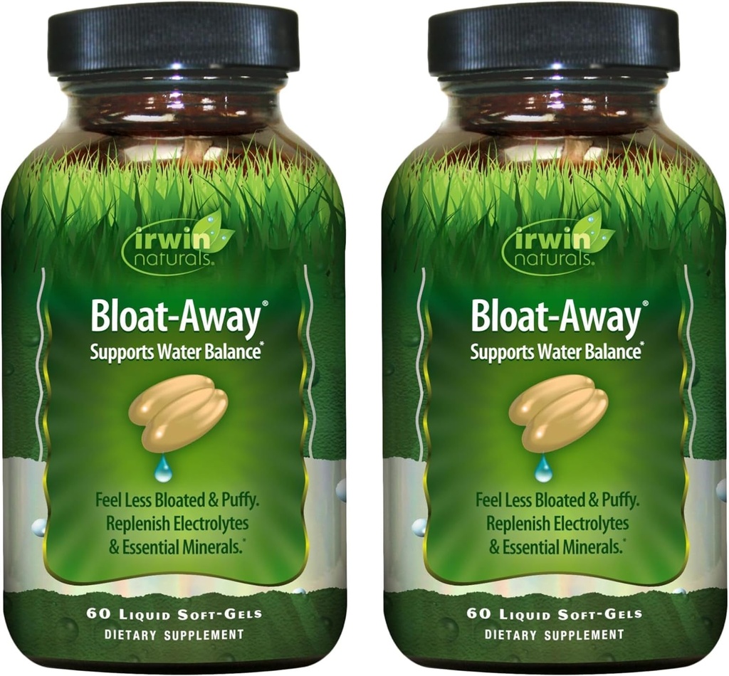 Irwin Naturals Bloat-Away - Υποστήριξη Ισορροπίας Νερού - Replenish Ηλεκτρολύτες & Βασικά Ορυκτά - 60 Liquid Soft-Gels - 2 Pack