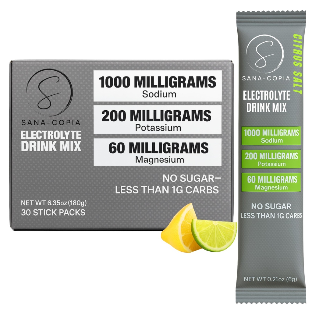 Electrolyte Drink Mix Hydration Packets: 1000mg Sodium, Potassium & Magnesium Citrus Salt Hydrating Powder, Zero Sugar - 30 Lemon Lime Electrolyte Powder Packets, For Rehydration or Dehydration Relief