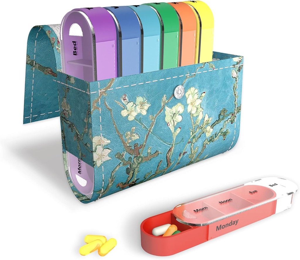 Διοργανωτής χαπιών, LIZIMANDU Weekly Travel Pill Case Box Medication Submender Daily AM PM, Day Night 7 Compartments, for 4 Times A Day, 7 Days a Week-Includes Leather PU Carrying Case (Peach Blossom)