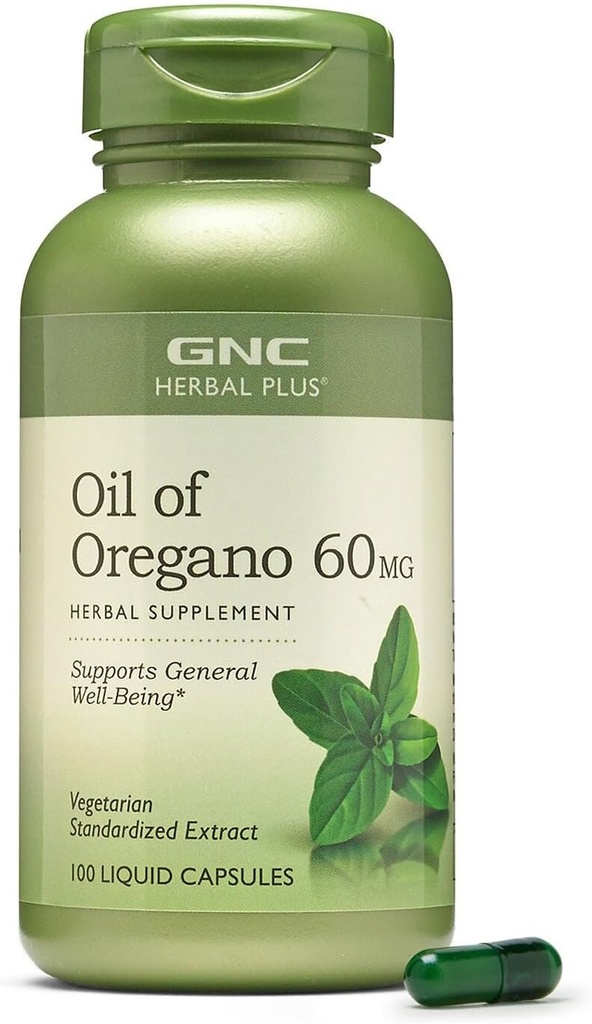 GNC Herbal Plus Oil of Oregano 60mg Supplement, Vegetarian, Supports General Well-Being, 100 Servings