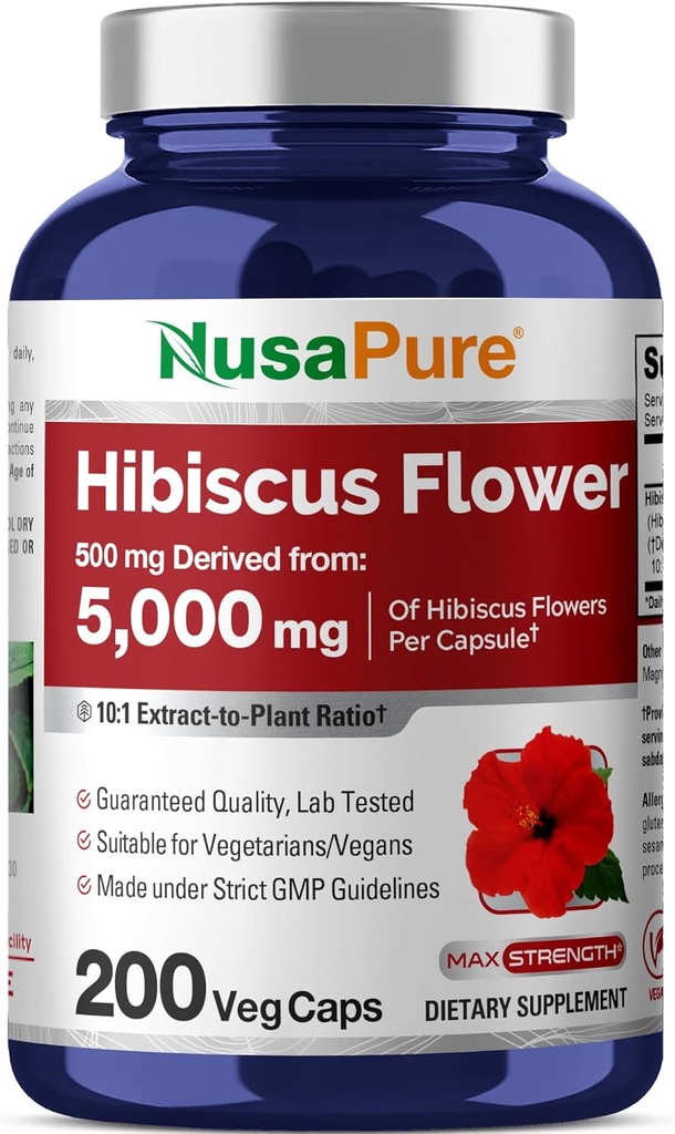 NusaPure Hibiscus Flower 10:1 Extract, 500 mg Ισοδύναμα με 5000mg 200 χορτοφαγικά Caps (Non-GMO, Vegan)