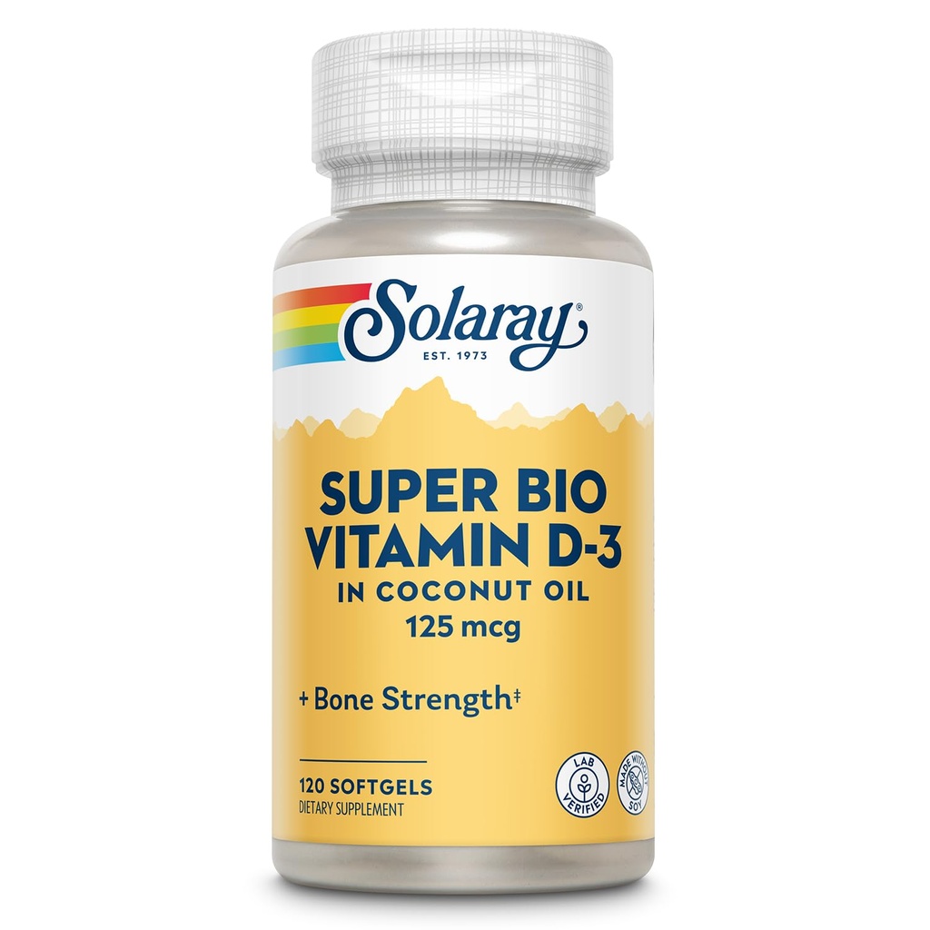 SOLARAY Super Bio Vitamin D3 in Coconut Oil - D3 Vitamin 5000 IU - Συμπλήρωμα για την υγεία των οστών και το ανοσοποιητικό - Lab Επαληθευμένο, Made Wtihout Soy, 60 ημερών εγγύηση - 120 Softgels, 120 υπηρεσίες