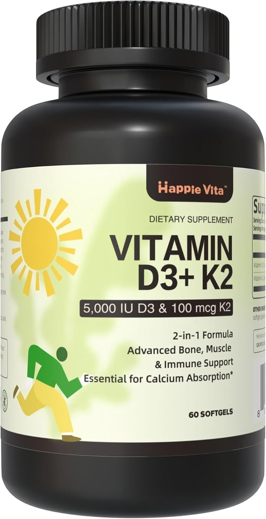 Βιταμίνη D3 K2, Βιταμίνη D3 5000 IU (125 mcg) + Βιταμίνη K2 100 mcg, 2 σε 1 D3 και K2 συμπληρώματα για την υποστήριξη της υγείας των οστών, των δοντιών, των μυών και του ανοσοποιητικού, 60 Softgels
