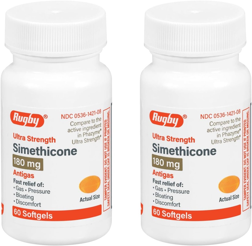 Rugby Ultra Strength Simethicone Gas Relief 180 mg - Maximum Gas Relief for Adults - Μπορεί να βοηθήσει με τα συμπτώματα της μετωπικότητας, Bloating, Gas Fullness - 60 Softgels (2 Pack)