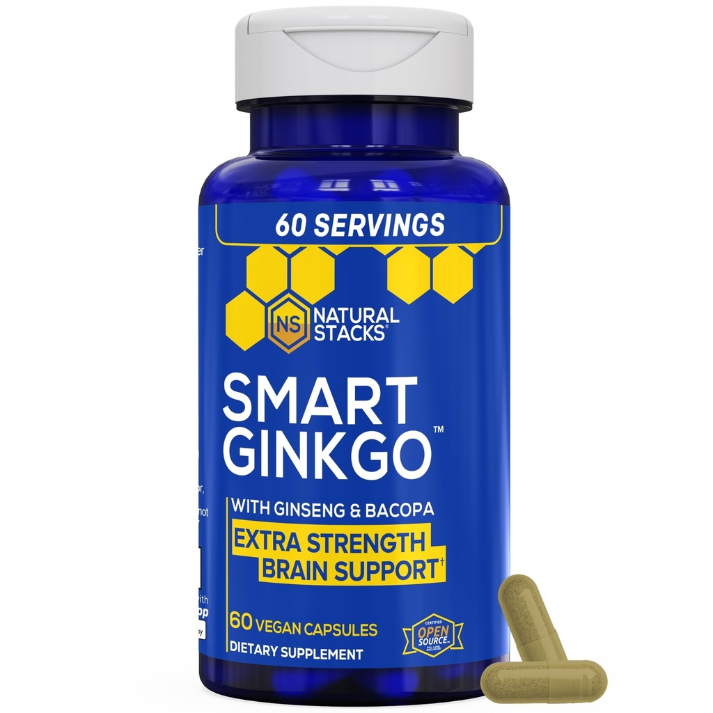NATURAL STACKS Ginkgo Biloba Supplement with 200mg Panax Ginseng & 200mg Bacopa Monnieri - Brain Supplements for Memory and Focus - Korean Ginseng for Brain Health Support - 60 Ginkgo Biloba Capsules