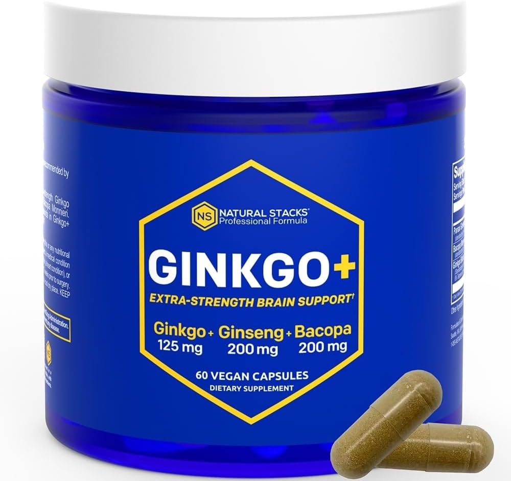 NATURAL STACKS Ginkgo Biloba Supplement with 200mg Panax Ginseng & 200mg Bakopa Monnieri - Συμπληρώματα εγκεφάλου για τη μνήμη και την εστίαση - Κορεάτικο Ginseng για την υποστήριξη της υγείας του εγκεφάλου - 60 κάψουλες Ginkgo Biloba