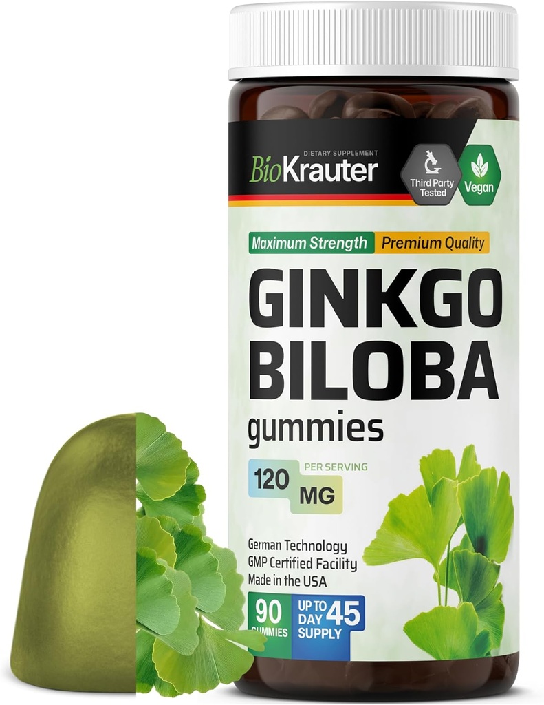 BIO KRAUTER Ginkgo Biloba Gummies - 90 Vegan Chews - Ginkgo Biloba συμπληρώματα για την υποστήριξη του εγκεφάλου - 120 mg Standardized Extract - Pectin Based Formula
