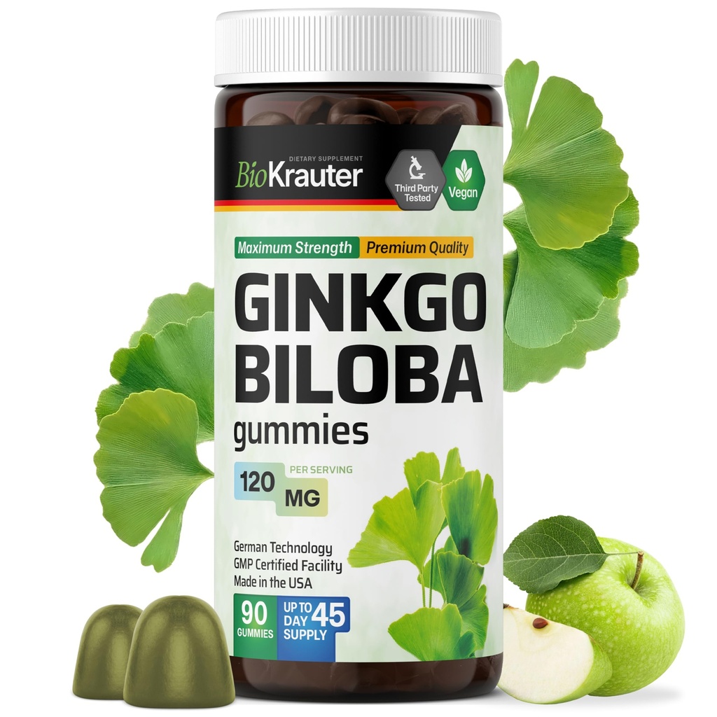 BIO KRAUTER Ginkgo Biloba Gummies - 90 Vegan Chews - Ginkgo Biloba συμπληρώματα για την υποστήριξη του εγκεφάλου - 120 mg Standardized Extract - Pectin Based Formula