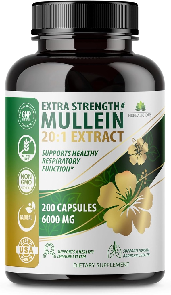HERBALICIOUS Mullein Leaf Extract Verbascum Thapsus 20:1-200 Capsules - Natural Lung Detox Herbal Supplement - Supports Respiratory & Immune Health, Lung Cleanse