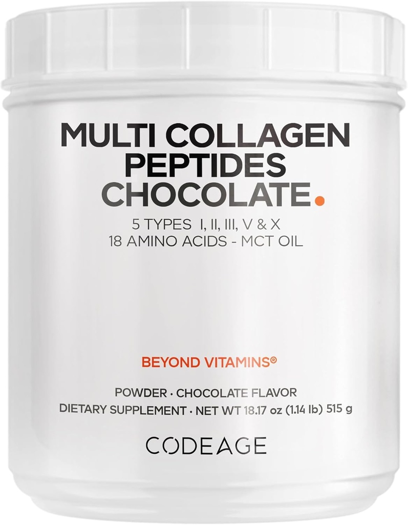 Codeage Multi Collagen Chocolate Protein Powder - Hydrolyzed Bovine Collagen Peptides, 5 Collagen Types & MCT Έλαιο - Κρέμα Κολαγόνου, Σοκολάτα Κολλαγόνο Πεπτίδια - Πρωτεΐνη Shakes - Μη ΓΤΟ - 18,17 oz
