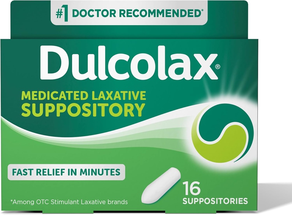 Dulcolax Διεγερτικό Laxative Medicated Suppositories, Πρόβλεψη & Αποτελεσματική ανακούφιση δυσκοιλιότητας, Bisacodyl 10 mg, 16 Count