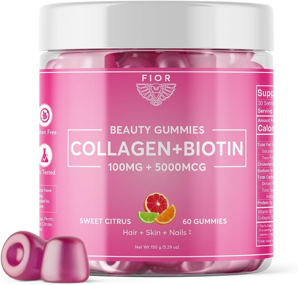 FIOR 60 ct Βιοτίνη και συμπληρώματα κολλαγόνου. Best Κολλαγόνο & Βιταμίνες Βιοτίνης για το δέρμα των μαλλιών και τα νύχια. Κόλαγκεν Gummies & Biotin Gummies είναι δέρμα μαλλιών και νυχιών Βιταμίνες Ομορφιά Gummies.