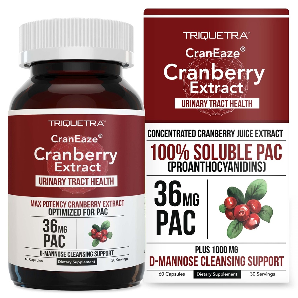 CranEaze®: Cranberry Juice Extract Plus D-Mannose – 36 mg PAC, 100% Soluble PAC - Υποστηρίζει την ούρα Φυλλαδική Υγεία – Τα πιο αποτελεσματικά χάπια Cranberry για γυναίκες, συμπλήρωμα UTI Cranberry - 60 κάψουλες