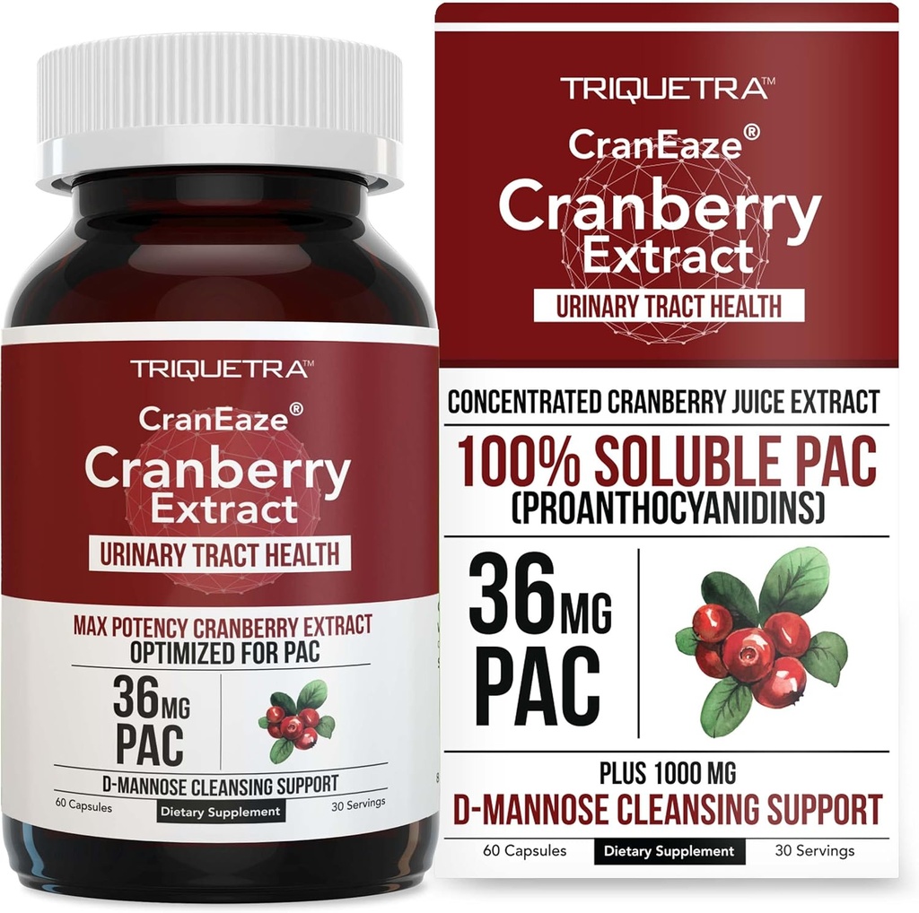 CranEaze®: Cranberry Juice Extract Plus D-Mannose – 36 mg PAC, 100% Soluble PAC - Υποστηρίζει την ούρα Φυλλαδική Υγεία – Τα πιο αποτελεσματικά χάπια Cranberry για γυναίκες, συμπλήρωμα UTI Cranberry - 60 κάψουλες