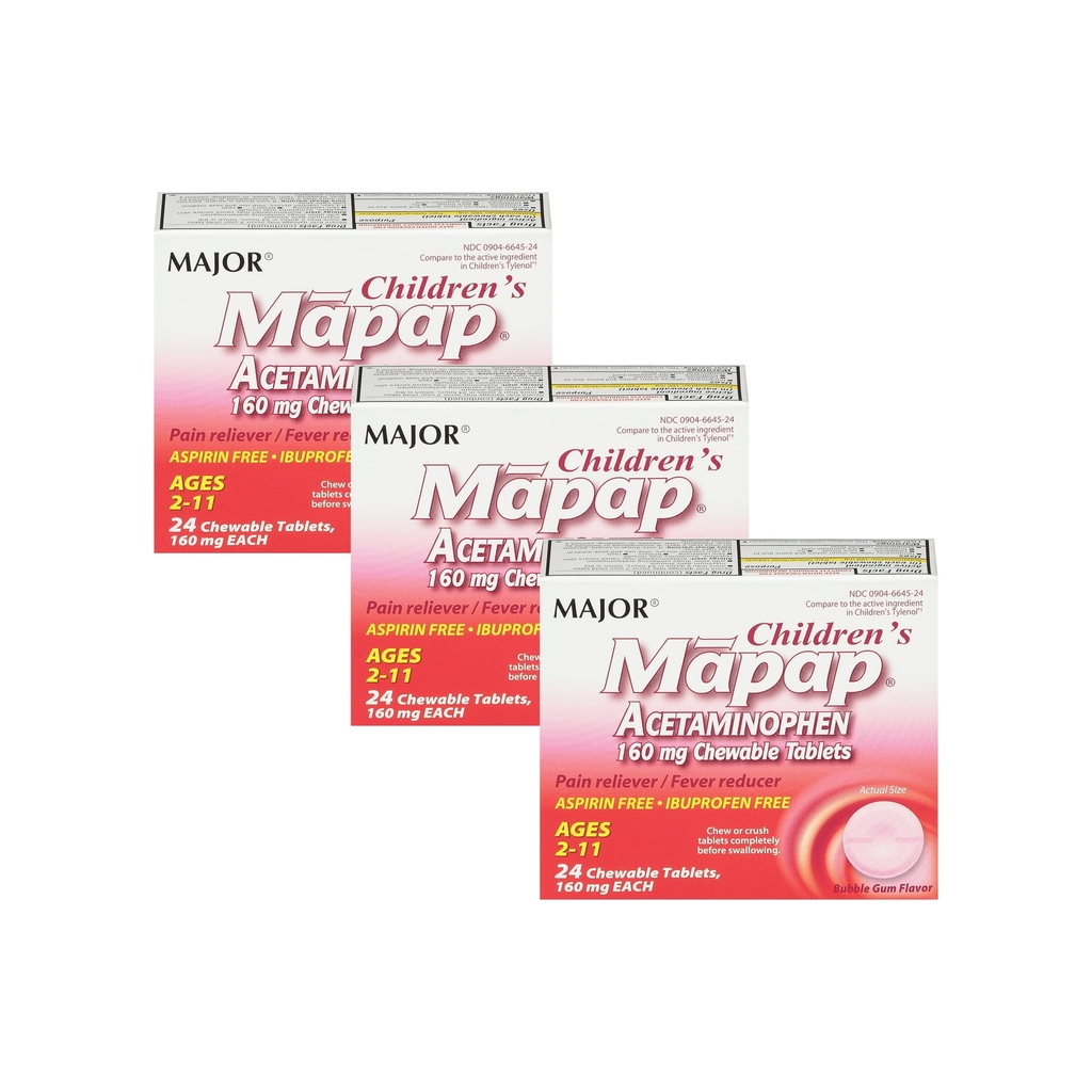 MAJOR Children’s Mapap Acetaminophen 160 mg Chewable Tables - Pain Reliever/Fever Reducer - Aspirin Free - Ibuprofen Free - για Ηλικίες 2 έως 11- 24 Count (3 Pack)