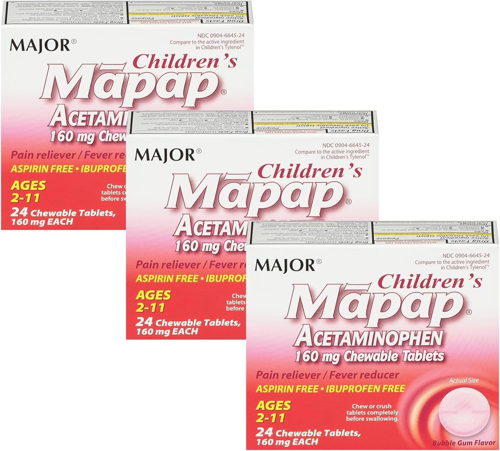 MAJOR Children’s Mapap Acetaminophen 160 mg Chewable Tablets - Pain Reliever/Fever Reducer - Aspirin Free - Ibuprofen Free - for Ages 2 to 11-24 Count (3 Pack)