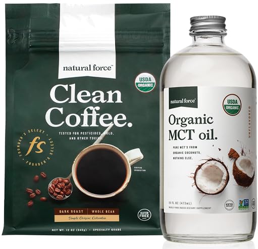 Natural Force Organic Dark Roast Clean Coffee + Organic MCT Oil Bundle – 100% Pure Coconut MCTs & Mold & Mycotoxin Free Coffee – Non-GMO, Keto, Paleo, and Vegan - 12 Oz and 16 Oz