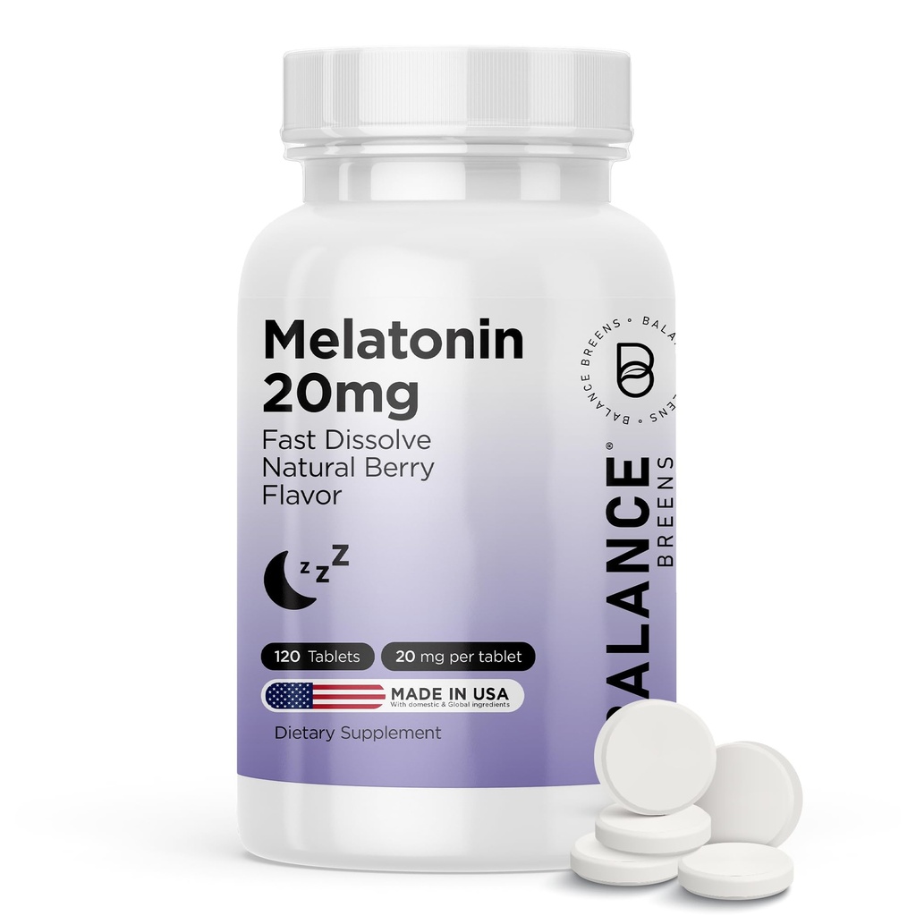 Balancebreens Μελατονίνη 20mg Ταχεία ταχείας διάλυσης - Υψηλή ισχύς, γρήγορη δράση, φυσική υποστήριξη ύπνου – Βοηθήματα ύπνου για ενήλικες – Μη γκρίζα, χωρίς ναρκωτικά Φόρμουλα – 120 χάπια ύπνου