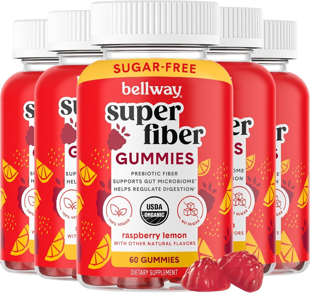 Bellway Super Fiber Gummies for Adults (5 Pack) - Sugar Free Organic Fiber Supplement Gummies with 4g of Fiber per Serving - Prebiotic Chicory Root Fiber for Gut Health, Raspberry Lemon, 300 Count