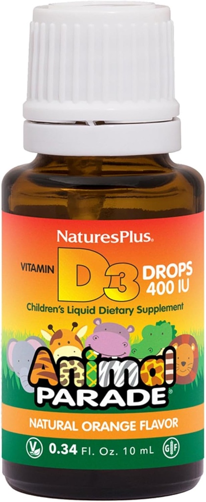 NaturesPlus Animal Parade Liquid Vitamin D3 Drops for Children - 400 IU, 10 mL - Orange Flavor - Bone Health & Immune System Support Supplement - Gluten Free, Vegetarian - 365 Servings