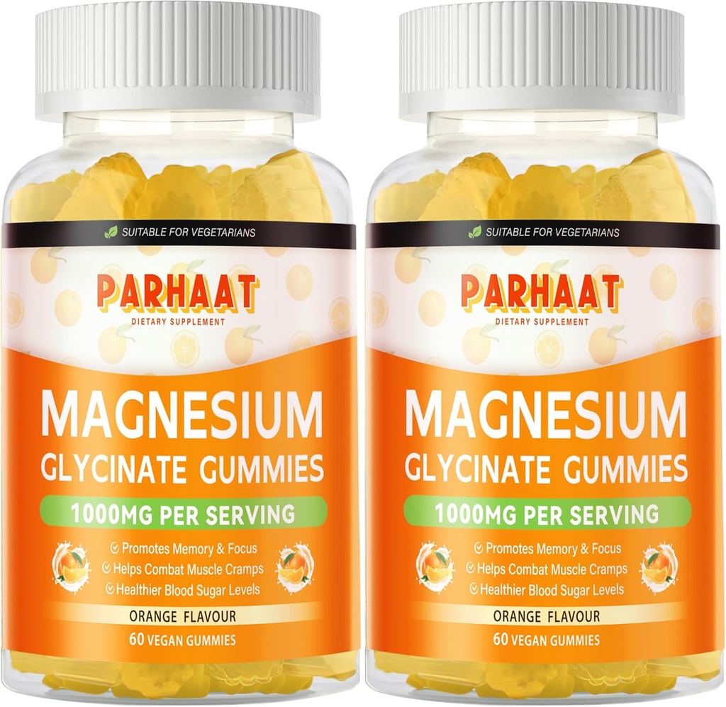 Μαγνήσιο Γλυκινικό Gummies 1000mg - Συμπλήρωμα μαγνησίου χωρίς ζάχαρη με βιταμίνη D, B6, CoQ10 για υποστήριξη ηρεμίας & ύπνου - 120 Orange Gummies 2 Pac