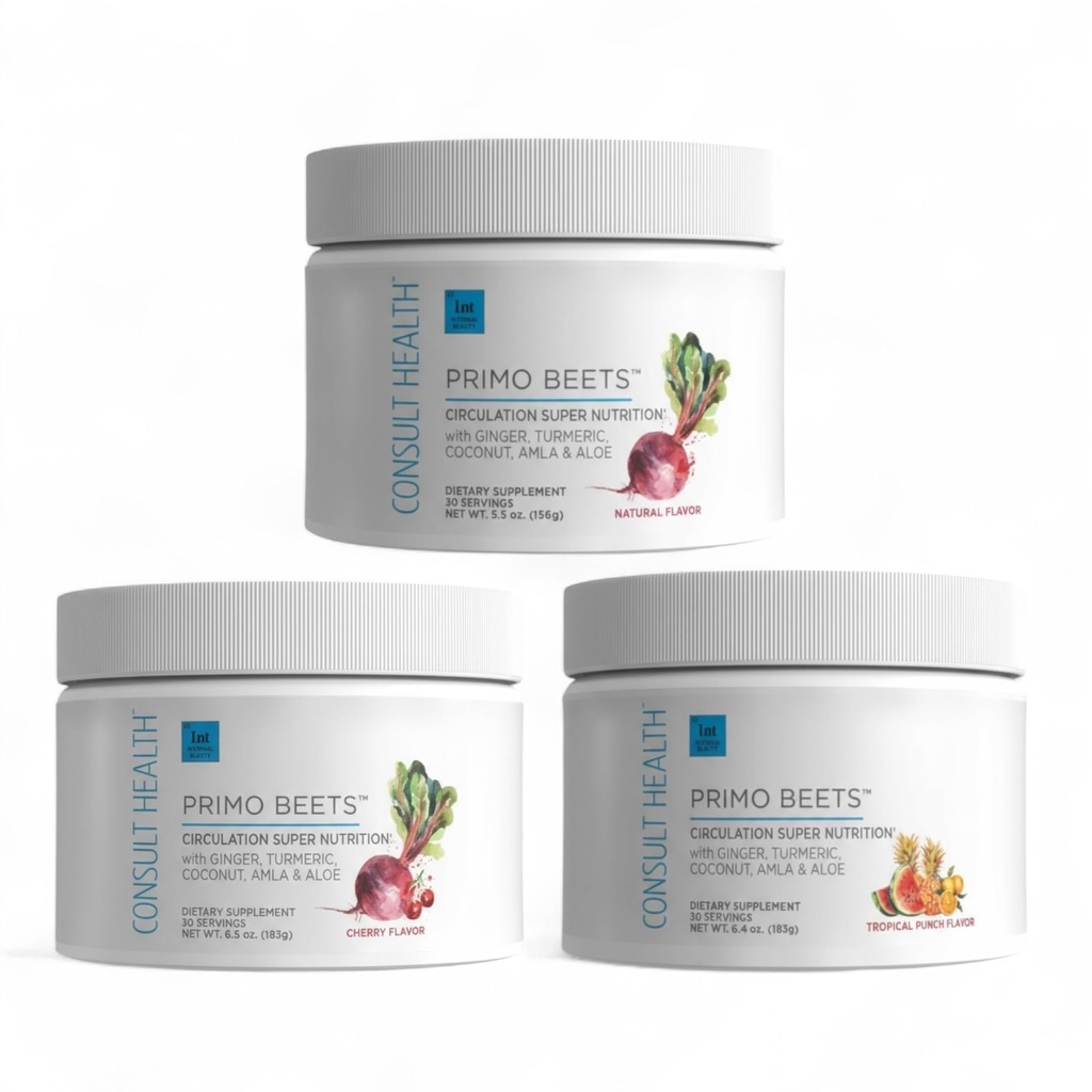 Συμβουλευτείτε την υγεία Primo Beets Beet Root Powder Drink Mix with Nitrates, Daily Circulation Support with Ginger and Turmeric, 3 Pack Flavors, Cherry, Blueberry and Strawberry Lemonade 6,5 oz Κάθε ένα