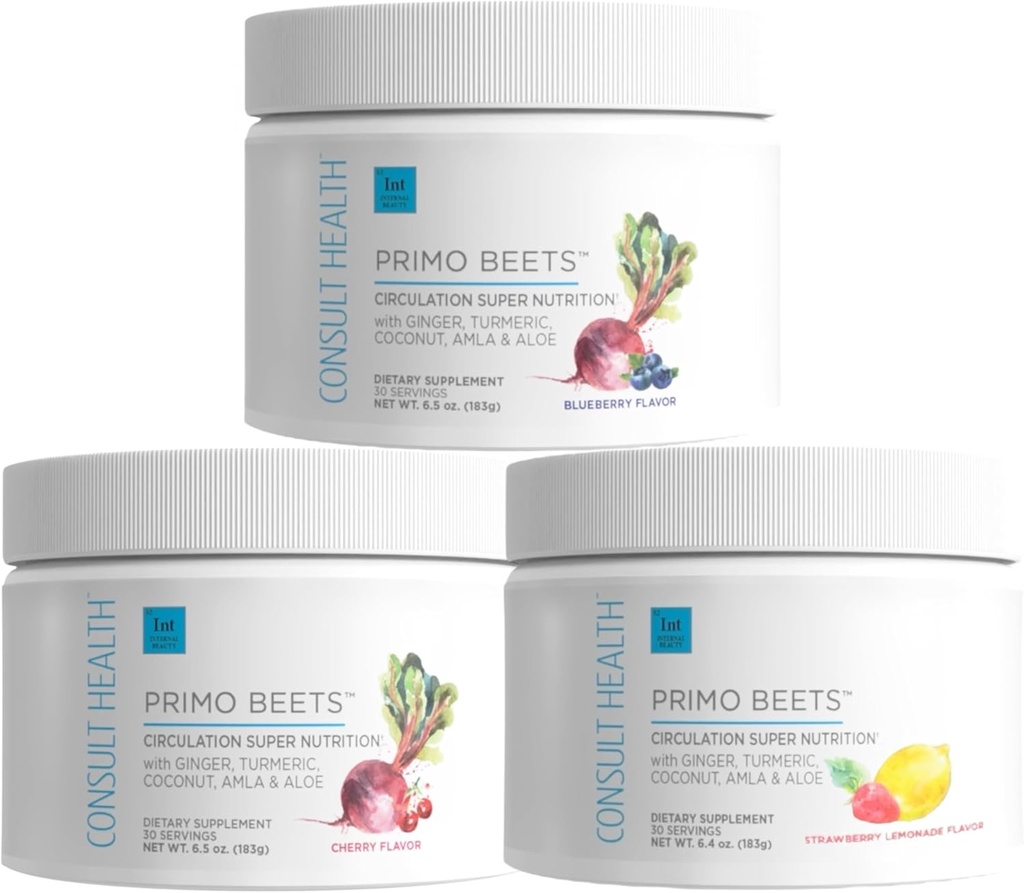 Consult Health Primo Beets Beet Root Powder Drink Mix with Nitrates, Daily Circulation Support with Ginger and Turmeric, 3 Pack of Flavors, Cherry, Blueberry and Strawberry Lemonade 6.5 oz Each