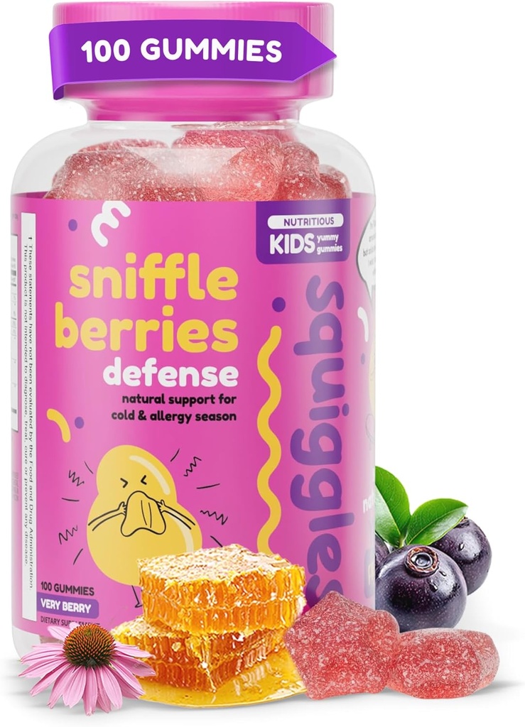 Squiggles Sniffle berries Elderberry Gummies with Bee Propolis & Echinacea, Kids Immune Booster, Propolis Gummies for Health, Toddler Vitamins for Immune Support, Tasty Chewy Gummy (100 Count)