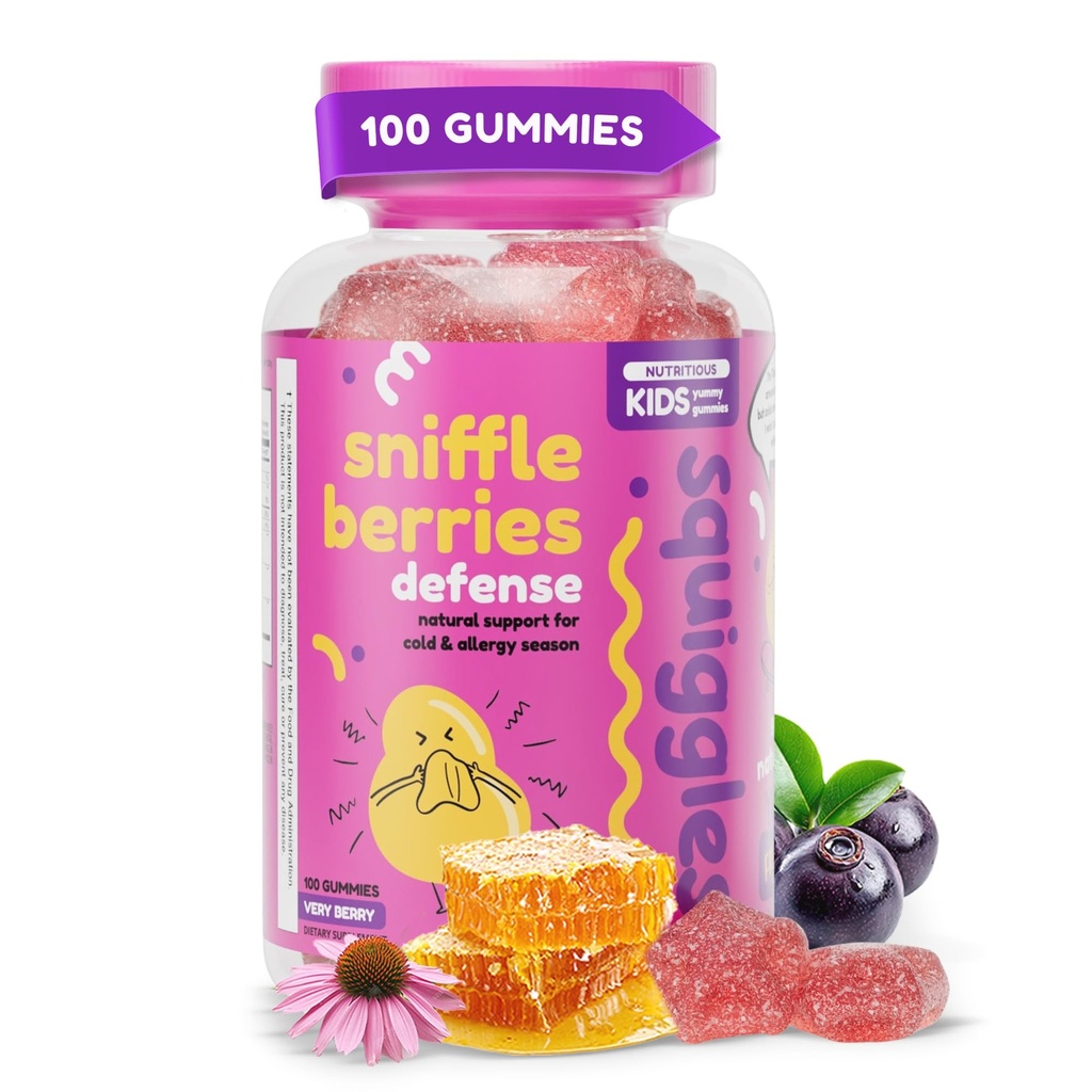 Squiggles Sniffle berries Elderberry Gummies with Bee Propolis & Echinacea, Kids Immune Booster, Propolis Gummies for Health, Toddler Vitamins for Immune Support, Tasty Chewy Gummy (100 Count)