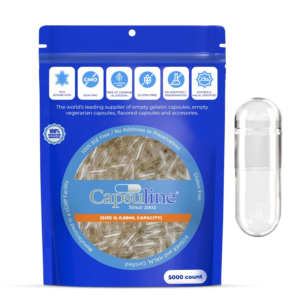 Capsuline Size 0 Empty Gelatin Capsules, Clear - 5000 Count | Gluten Free, Kosher, Non-GMO Certified | Pure Bovine Pill Caps for DIY Supplement Filling