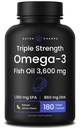 Triple Strength Omega 3 Fish Oil 3600 mg | EPA & DHA | 180 Softgels | Burpless Fish Oil Supplement, Wild Caught | Over 2100mg Omega-3 Fatty Acids Supplements | Natural Lemon Flavor Omegas 3 Pills