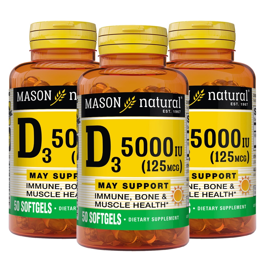 MASON NATURAL Vitamin D3 125 mcg (5000 IU) - Supports Overall Health, Strengthens Bones and Muscles, from Fish Liver Oil, 50 Softgels (Pack of 3)