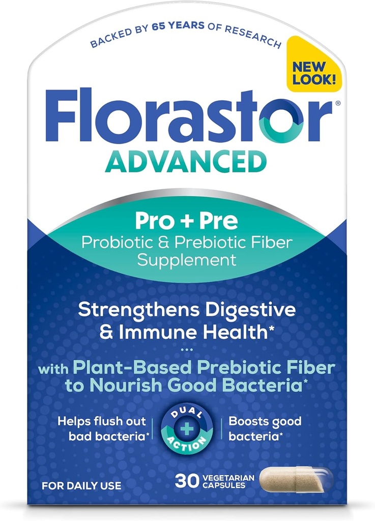 Florastor Select Pro+Pre Daily Probiotic and Prebiotic Supplement for Women and Men, Boosts Good Bacteria, Saccharomyces Boulardii CNCM I-745 (30 Capsules) (Pack of 1)